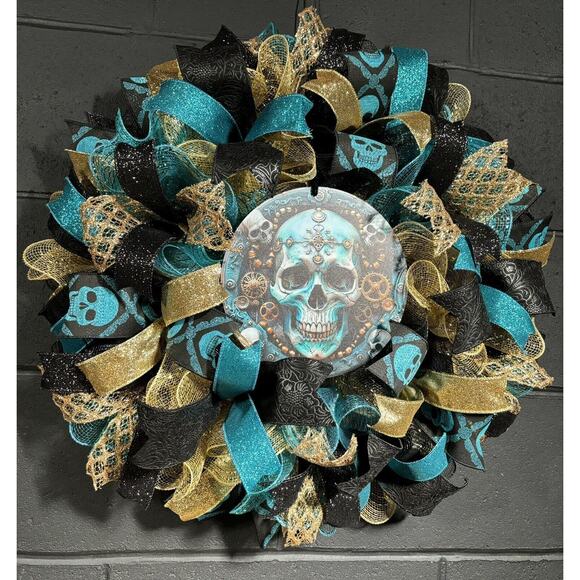 Handmade Halloween Wreath Teal Blue & Gold Steampunk Skull 24 Inch Deco Mesh - Picture 2 of 8